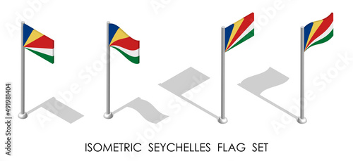isometric flag of SEYCHELLES in static position and in motion on flagpole. 3d vector