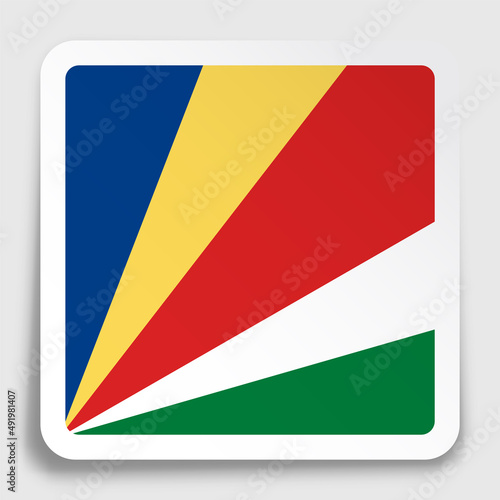 Seychelles flag icon on paper square sticker with shadow. Button for mobile application or web. Vector