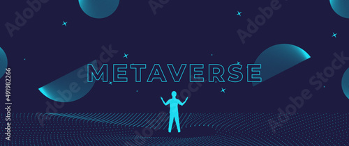 Businessman standing silhouette and Digital Contour curve dot and line and wave with wireframe. The concept for metaverse and VR technology