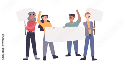 Protesting people crowd. Activists demonstration concept. Group of people with empty placards. Vector illustration. 