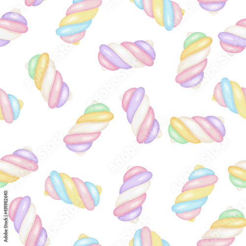 Cute pastel marshmallow candy seamless pattern. Watercolor style vector design