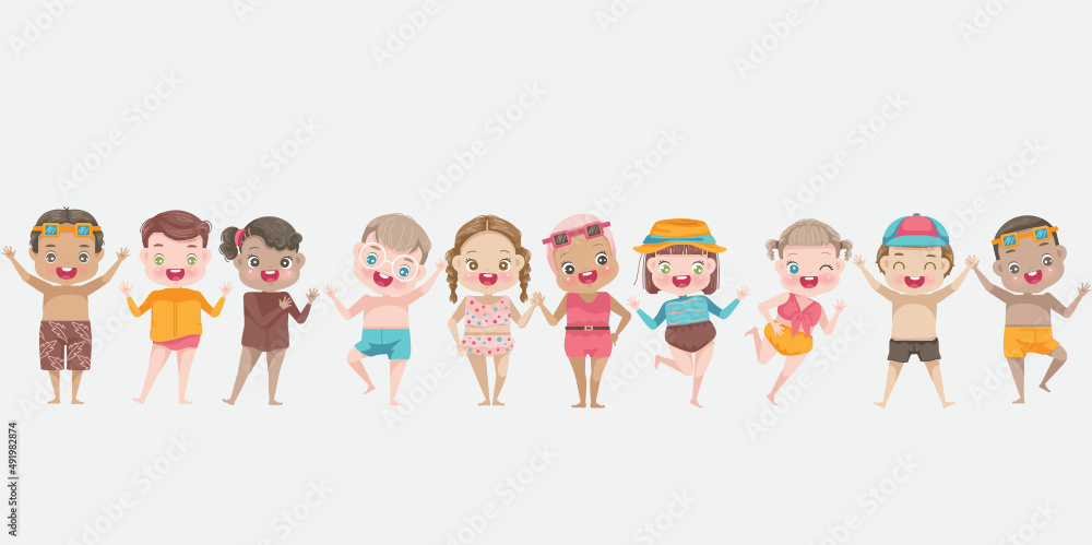 Children various nationalities in the summer beach child in swimsuit.