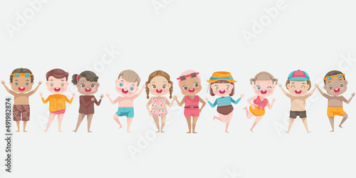 Children various nationalities in the summer beach child in swimsuit.