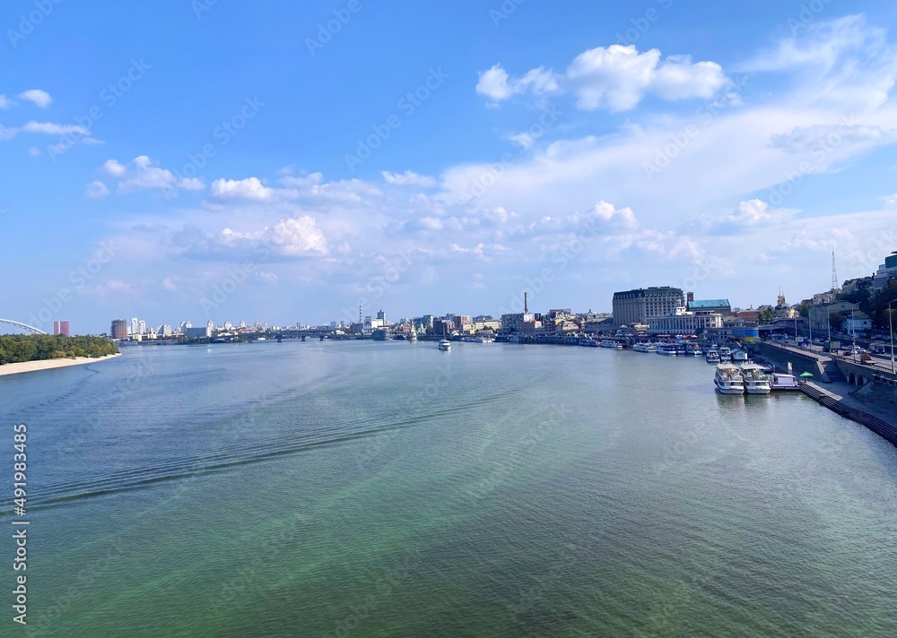 Kyiv Ukraine scenic view of the city. Dnieper river. Spectacular urban skyline of Kiev town, capital of Ukraine.