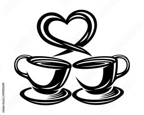 Two cups of hot coffee and a love heart on a white background.