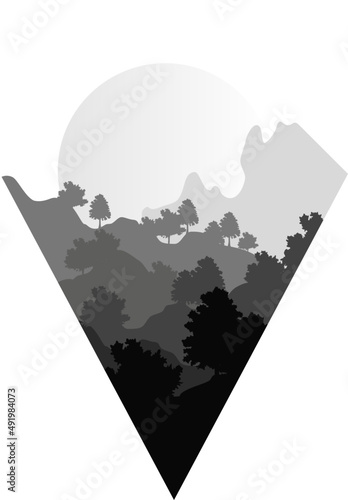Monochrome Geometric Shape with Wild Forest with Tree and Mountain Silhouette