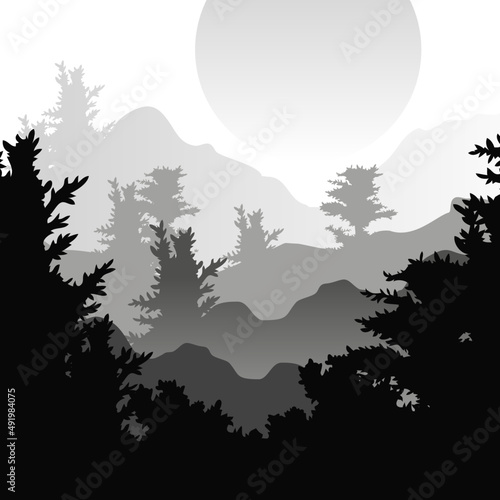Monochrome Geometric Shape with Wild Forest with Tree and Mountain Silhouette