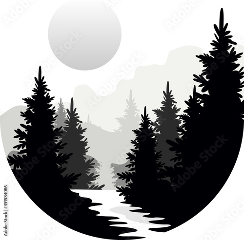Monochrome Geometric Shape with Wild Forest with Tree and Mountain Silhouette