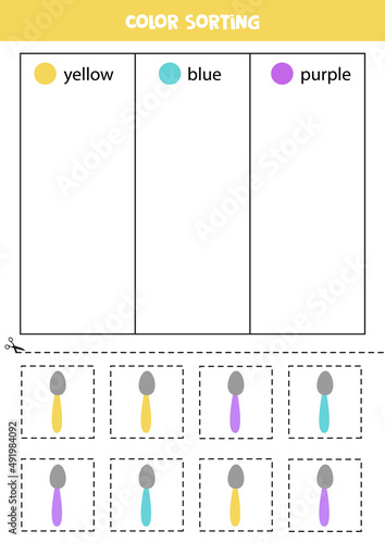 Sort spoons by colors. Learning colors for children.