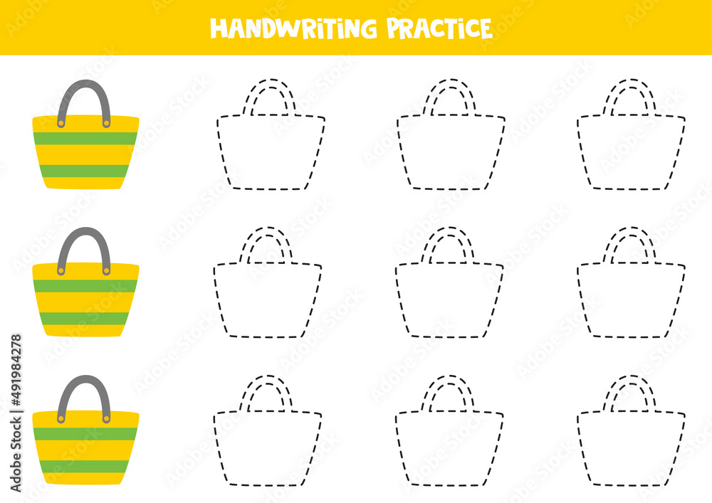 Tracing lines with cute summer bags. Writing practice. Tracing lines with cute summer bags. Writing practice.