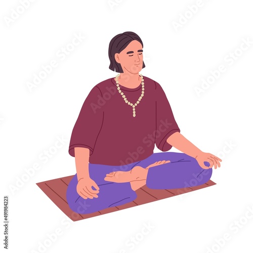 Man practicing yoga and meditation, sitting in lotus asana. Calm, peaceful person meditating in harmony, zen position. Spiritual relaxation. Flat vector illustration isolated on white background