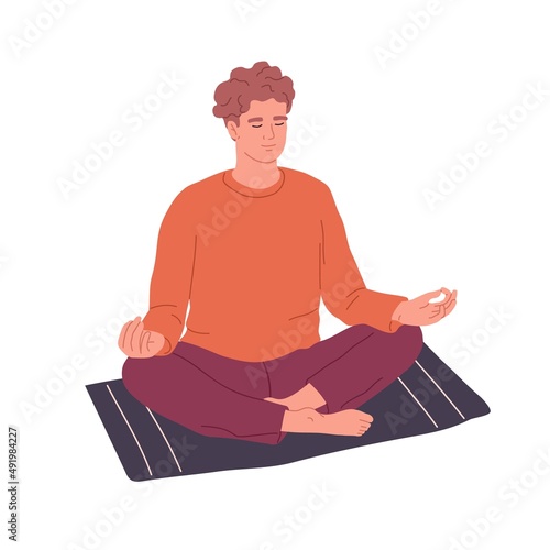 Man practicing yoga and meditation on mat. Calm person in lotus pose meditating and breathing. Peaceful yogi in zen asana at spiritual retreat. Flat vector illustration isolated on white background