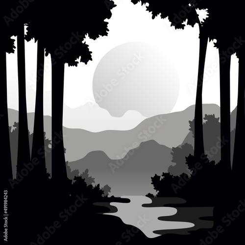 Monochrome Geometric Shape with Wild Forest with Tree and Mountain Silhouette