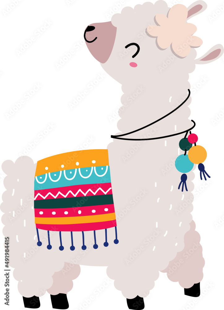 Naklejka premium Cute Llama or Wooly Alpaca Character as Domesticated South Animal with Colorful Blanket