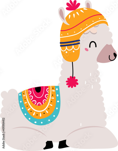 Cute Llama or Wooly Alpaca Character as Domesticated South Animal in Hat