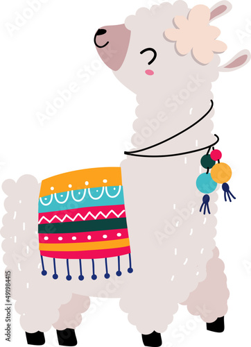 Cute Llama or Wooly Alpaca Character as Domesticated South Animal with Colorful Blanket