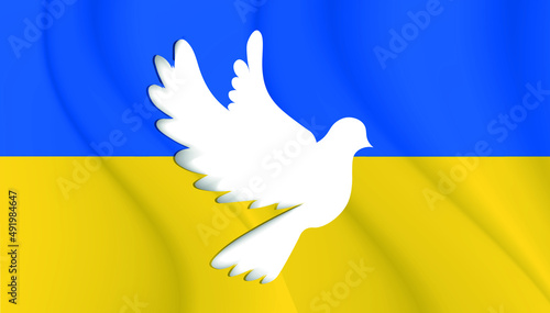 Cut out silhouette Pigeon Dove and colors of the Ukrainian flag. Shape of ukrainian flag blue and yellow in the struggle for peace over waves. Support Ukraine. 