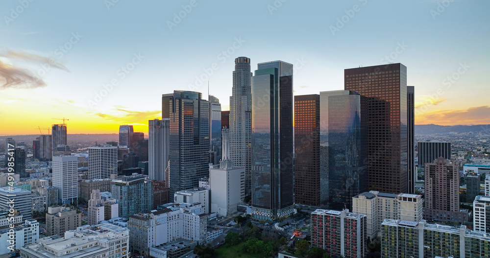 Los Angeles downtown panoramic city with skyscrapers. California theme with LA background. Los Angels city center.