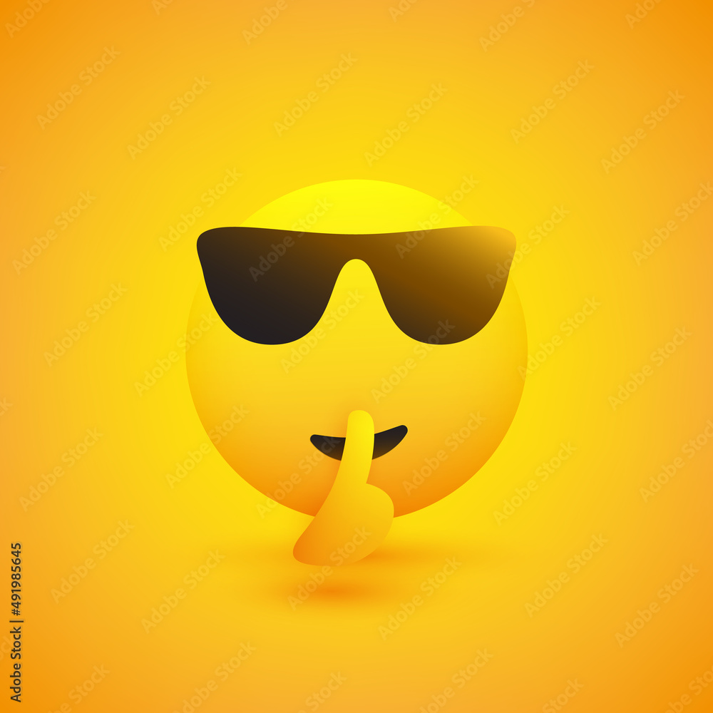 Keep Quiet! Shushing Emoji with Sunglasses Gesturing Asking for Be