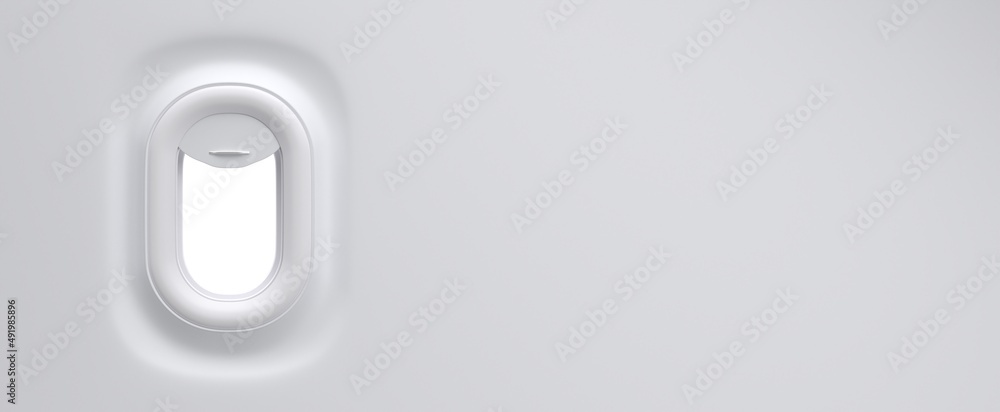 Aircraft window. Realistic airplane porthole with open shade, plane cabin interior. Mockup illuminator of white plastic and clear plexiglass. Airline journey 3d render illustration, travel banner Aircraft window. Realistic airplane porthole with open shade, plane cabin interior. Mockup illuminator of white plastic and clear plexiglass. Airline journey 3d render illustration, travel banner