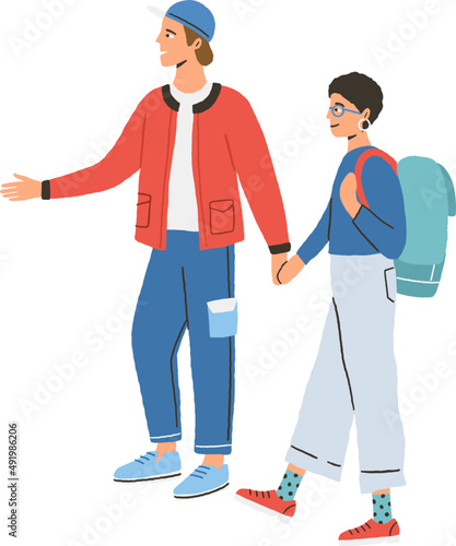 Young Happy Couple Walking Together Colored Illustration