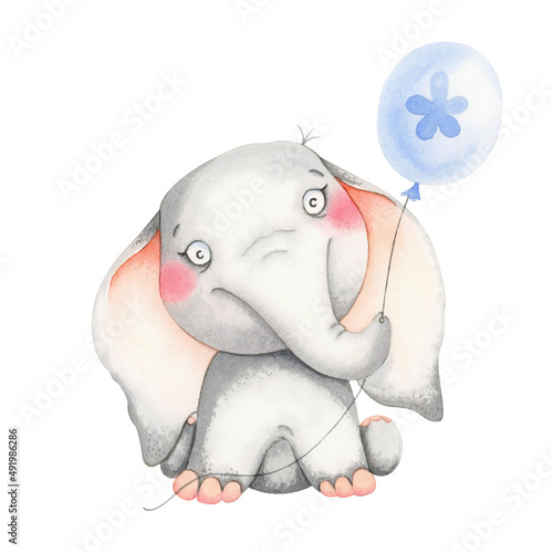 Baby elephant with a balloon, watercolor animals. Isolated on white background. For birthday invitations, print, baby shower, baby decorations, poster, greeting card.