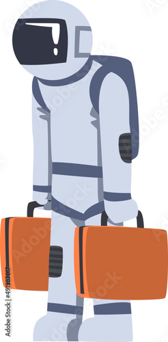 Man Astronaut in Outer Space in Spacesuit Carrying Travel Trunk or Suitcase
