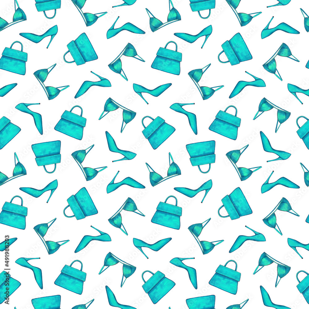 Seamless pattern with high heels glamour shoes, fashion bag, bra. Hand drawn turquoise pattern isolated on white background. Design for textile, wrapping paper, curtains, clothes, home decor. Seamless pattern with high heels glamour shoes, fashion bag, bra. Hand drawn turquoise pattern isolated on white background. Design for textile, wrapping paper, curtains, clothes, home decor.