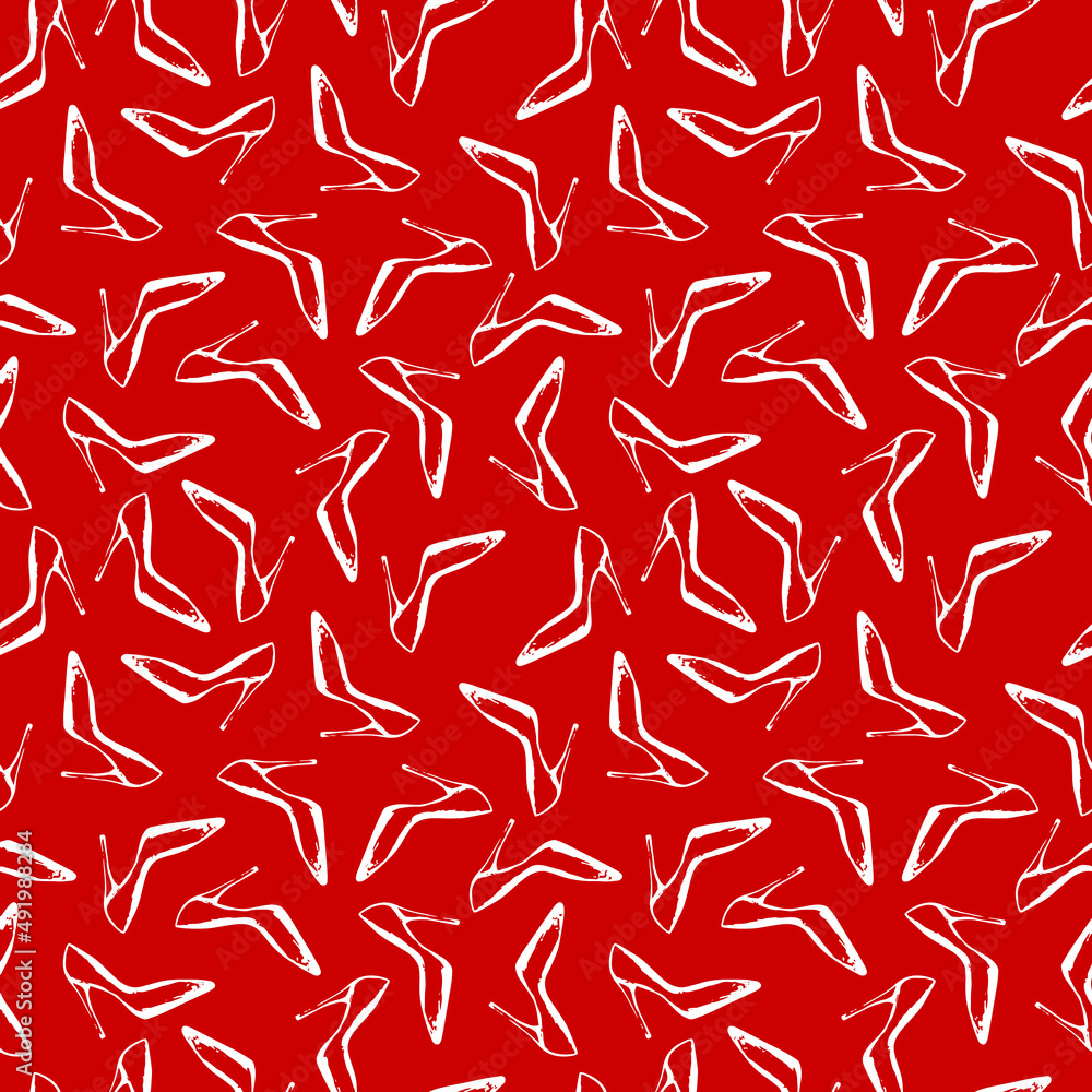 Seamless pattern with high heels glamour shoes. Hand drawn pattern isolated on res background. Design for textile, wrapping paper, curtains, clothes, home decor. Seamless pattern with high heels glamour shoes. Hand drawn pattern isolated on res background. Design for textile, wrapping paper, curtains, clothes, home decor.