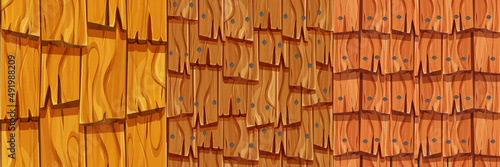 Set old wooden roof, shingles cover from planks with nails, ui game background, seamless pattern in cartoon style isolated. Detailed, textured material. 