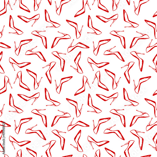 Vector red shoe seamless pattern. Hand drawn glamour high heel shoe pattern. Fashion pumps on white background.