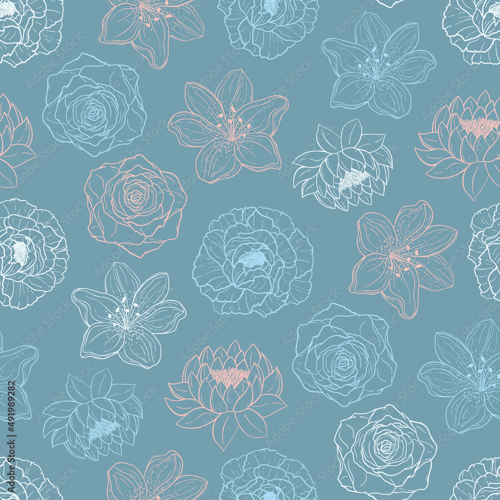 Hand drawn seamless pattern vector of flowers. Blooming peony, rose, lily, lotus. Decorative floral doodle illustration for greeting card, invitation, wallpaper, wrapping paper, fabric