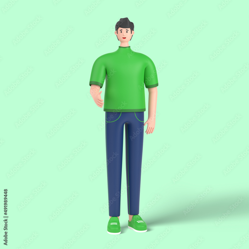 3d male character giving his hand for handshake to partner 3d male character giving his hand for handshake to partner