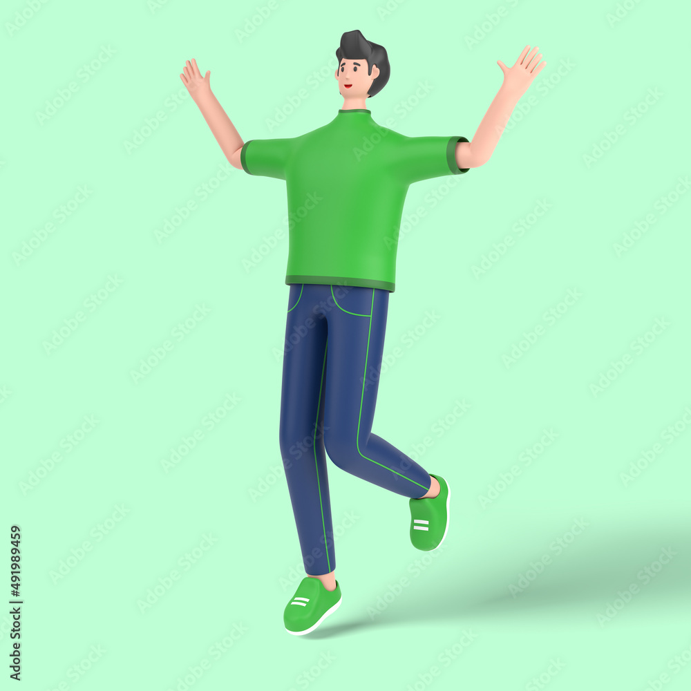 3d male character jumping and celebrates success