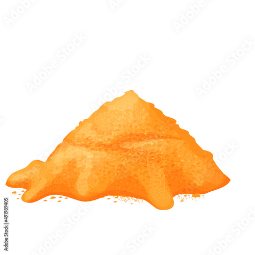 Turmeric powder pile, Indian spice ingredient in cartoon style isolated on white background. Curcuma dry heap.