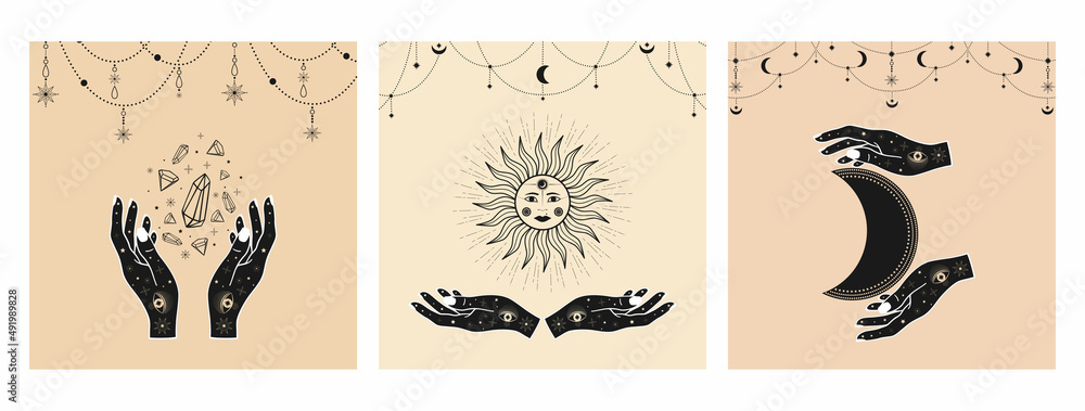 Mystical Sun with Moon, woman hands, eyes and stars in line art. Hand drawn cards of spiritual symbol celestial space. Magic talisman, boho, vintage, tattoo, logo. Vector sketch set illustration