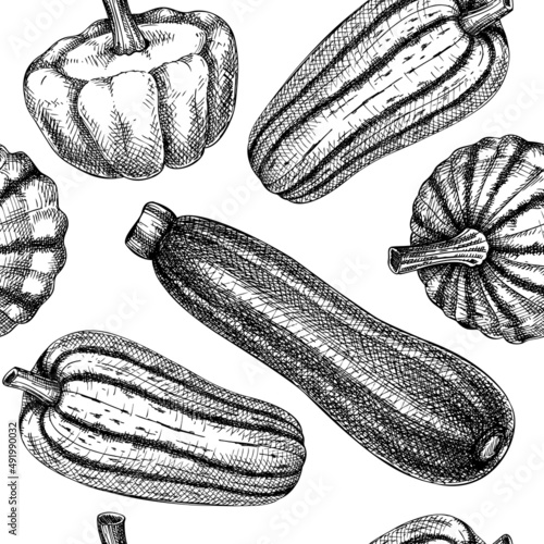 Fresh Pattypan squash sketch background. Hand-sketched Vegetable seamless pattern. Healthy food plant. Vector backdrop with raw cultivated summer squash. Patisson for grocery, markets, packaging,