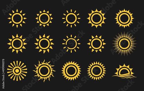 Sun icon set. Vector flat design. Collection of sun stars for use in as logo or weather icon. Yellow suns circles, bright natural lighting objects.