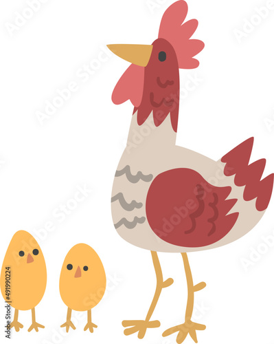 Rooster or Cock with Yellow Chick Bird as Farm Animal and Domestic Livestock Breeding
