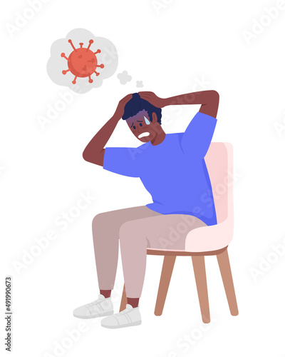 Man scared of coronavirus semi flat color vector character. Sitting figure. Full body person on white. Pandemic worries simple cartoon style illustration for web graphic design and animation