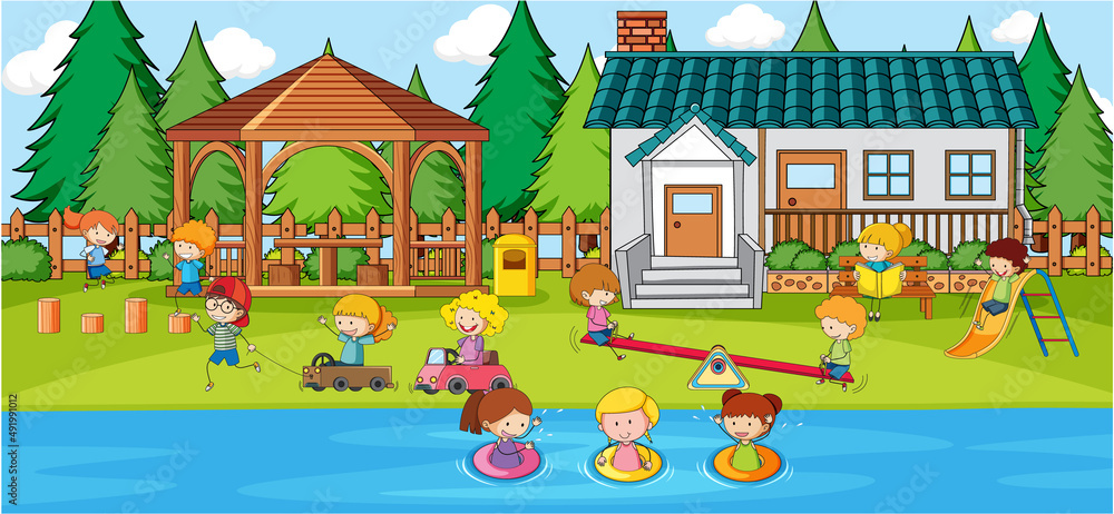 Outdoor scene with doodle house cartoon Outdoor scene with doodle house cartoon