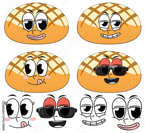 Set of facial expression vintage style cartoon with bun bread on white backgr...
