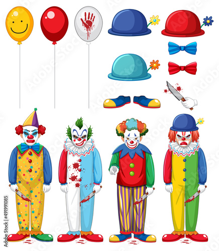 Set of creepy clown characters and elements