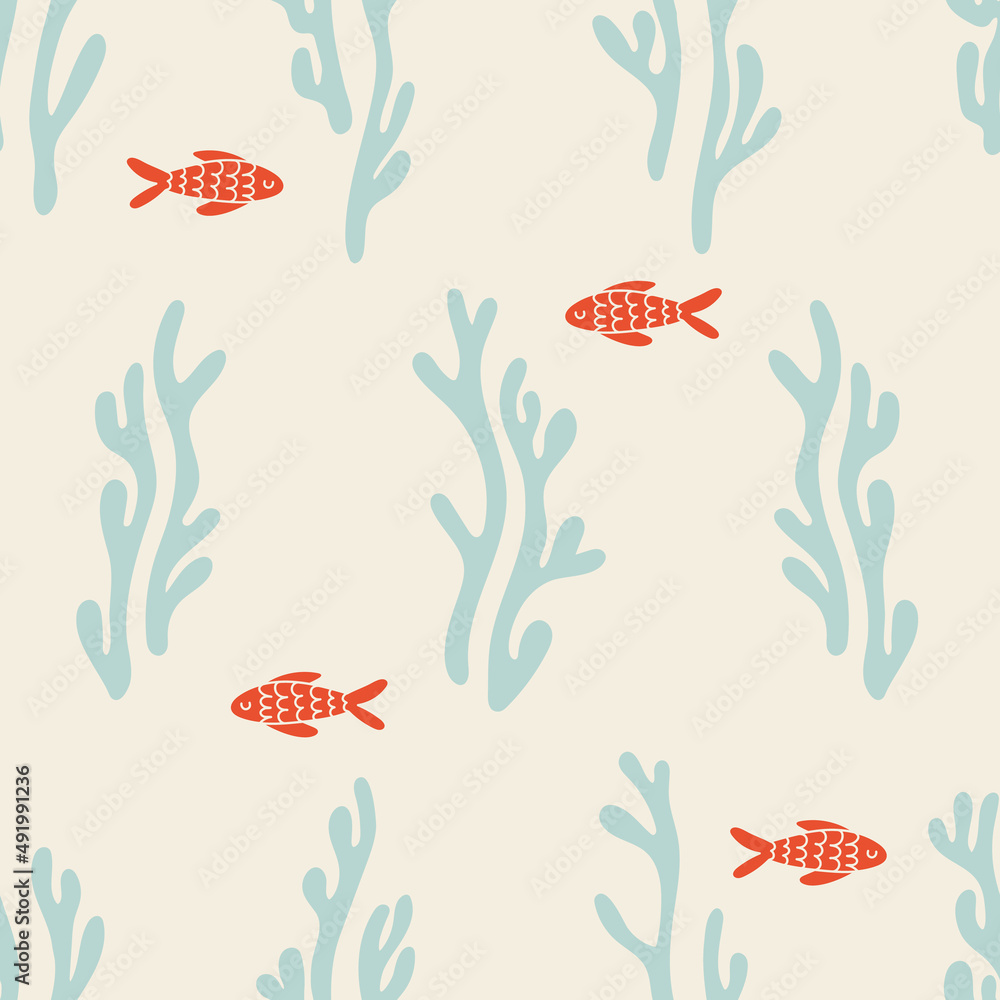 Cute vector kids seamless pattern with fishes and corals-seaweed. Blue ...