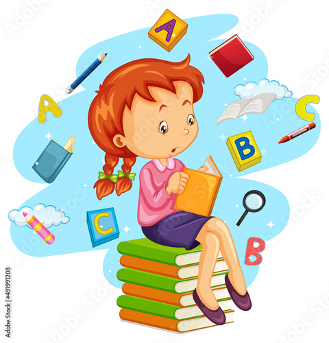 A girl reading books on white background