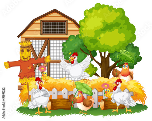 An isolated scene with a group of chickens in cartoon style
