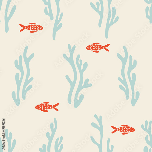 Cute vector kids seamless pattern with fishes and corals-seaweed. Blue and orange colours perfect for ocean and marine themed projects. Matching patterns available. 