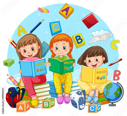 Children reading books on white background