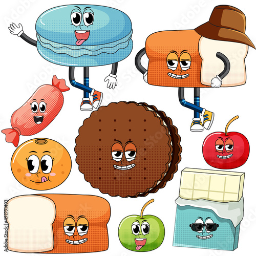 Set of facial expression with vintage style food cartoon on white background