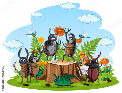 Happy insect in nature fairy tale scene